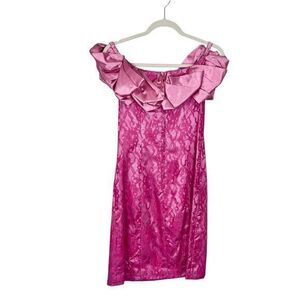 Vintage Original Mini Dress 10 Pink Off Shoulder Ruffle Collar Satin Lace Fitted